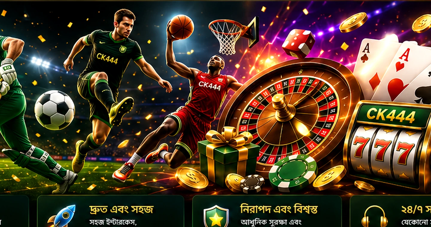 CK444 branded cricket and football action with roulette, cards, chips and slot imagery