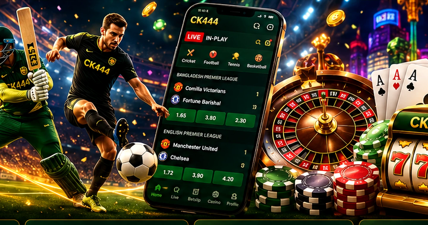 CK444 sports betting action with football, cricket and casino atmosphere